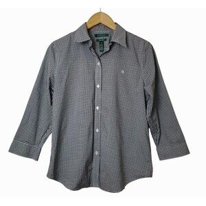 Lauren Ralph Lauren Top Women Size M Gingham Button Up No Iron Slit Cuff  Preppy